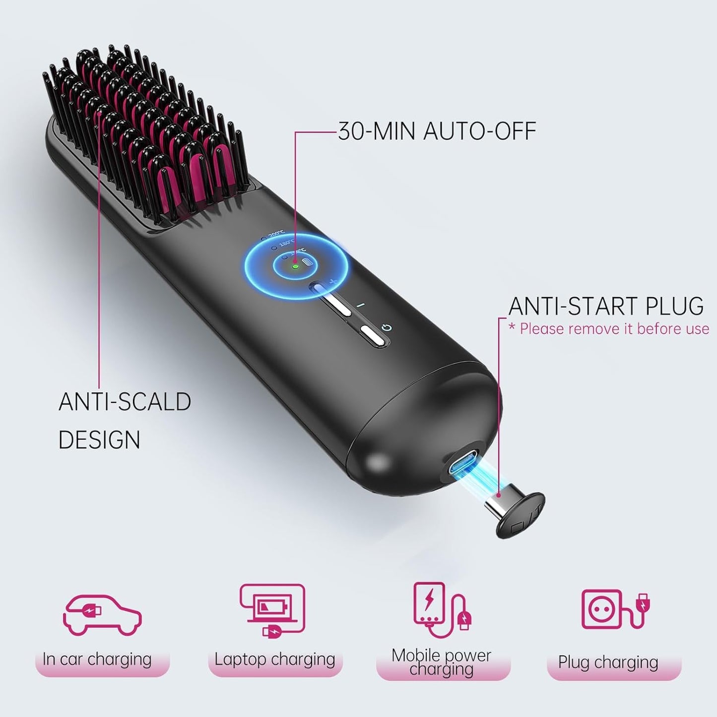 Escova Portátil Feminina Luxuosa Sem Fio Design Curvo  - 3D