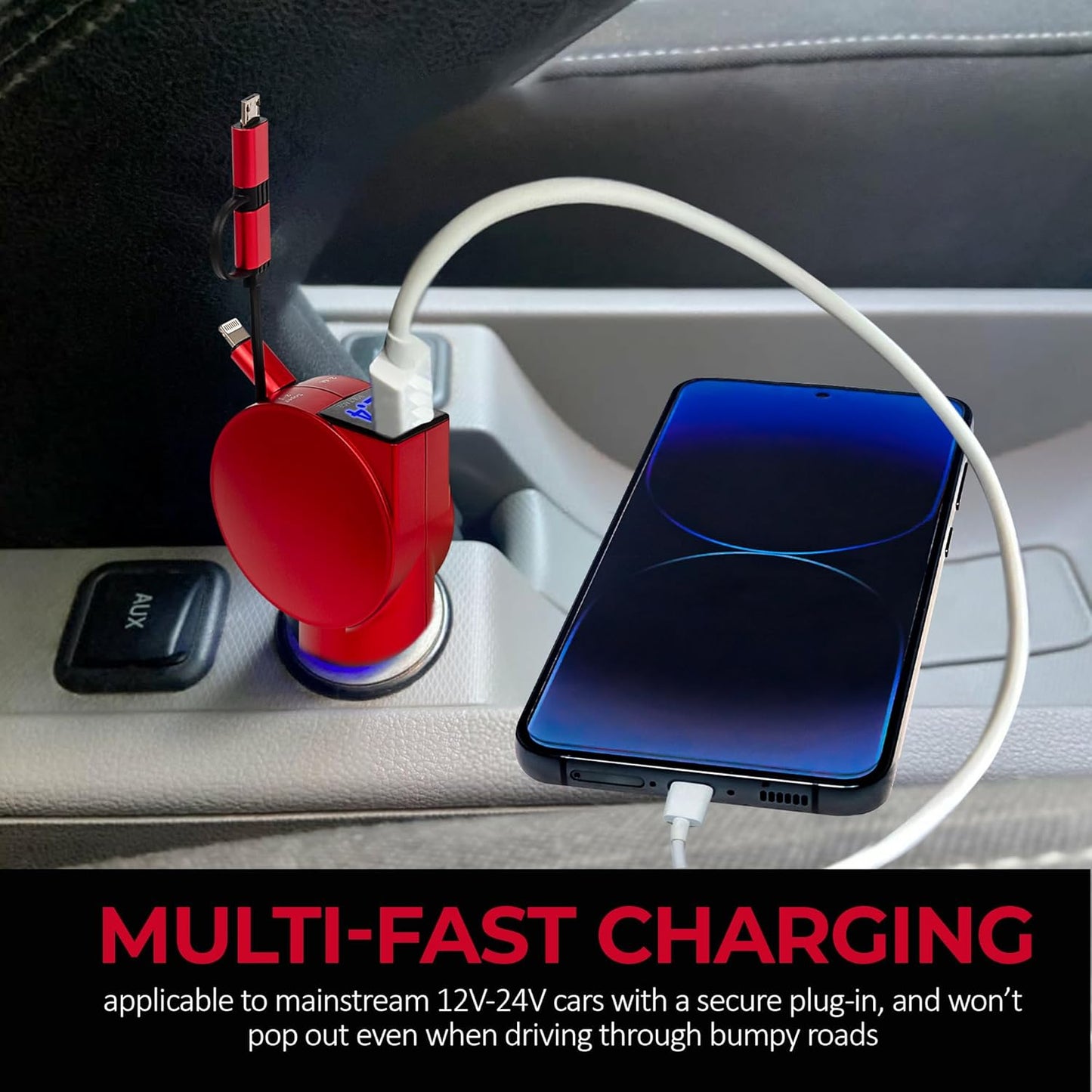 Carregador De Celular Multifuncional Para Carros Com Cabos Retráteis
